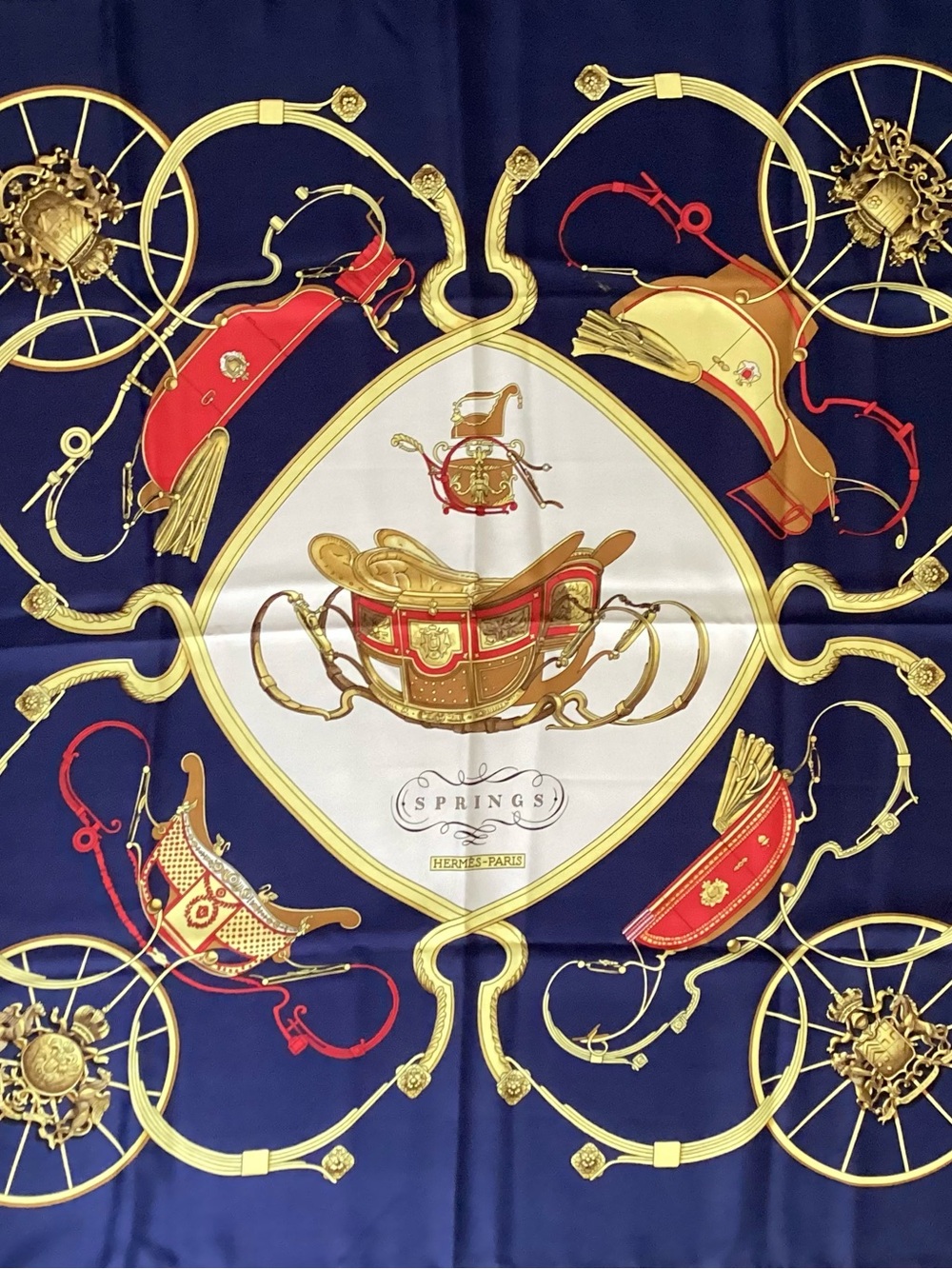Hermès-Paris 'Springs' Silk Scarf - Yellow, Navy & White